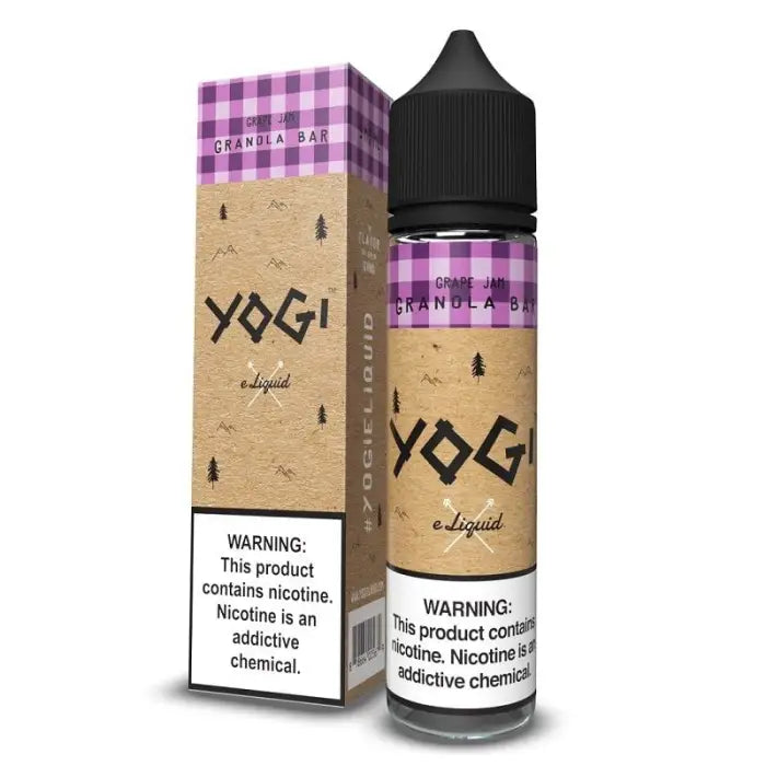 Bottle of Yogi e-liquid with purple and tan packaging and a warning label.