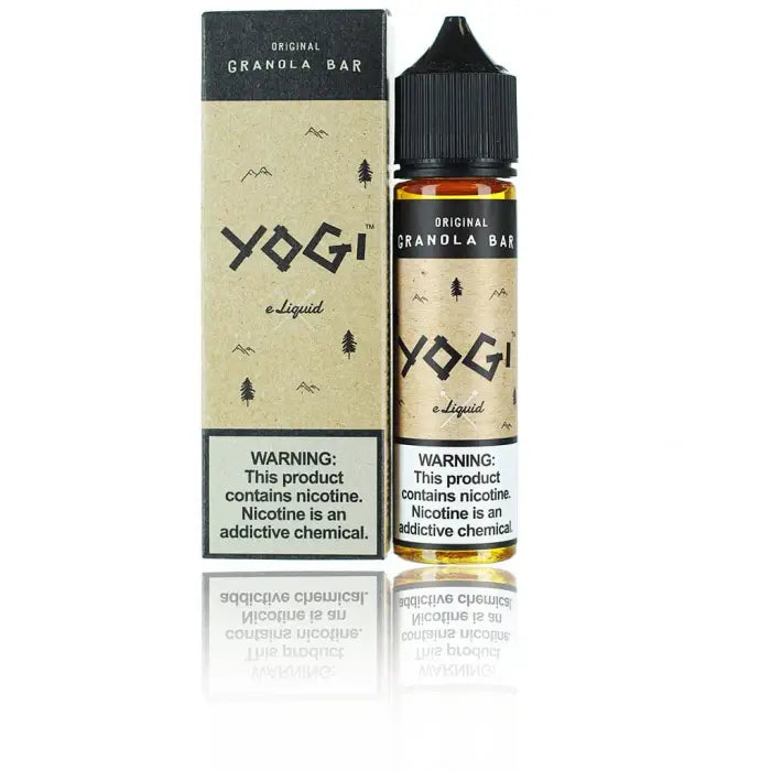 E-liquid bottle and packaging for a granola bar flavored vape juice brand called Yogi.