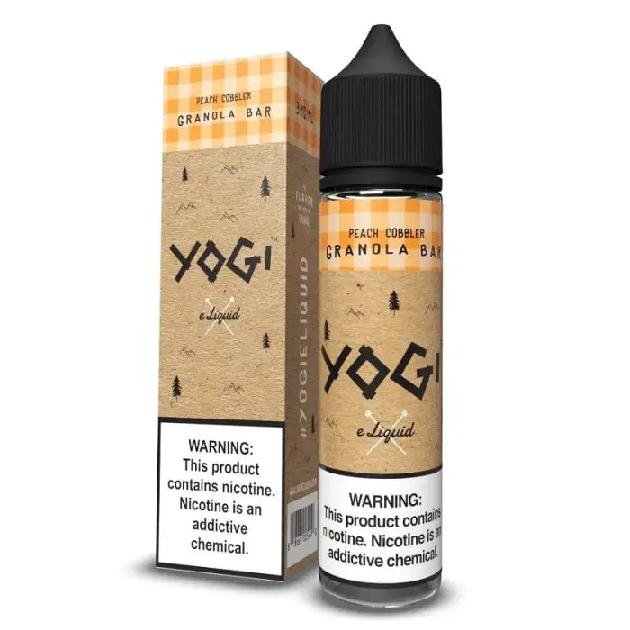 E-liquid bottle and packaging for Yogi brand peach granola bar flavored vape juice.