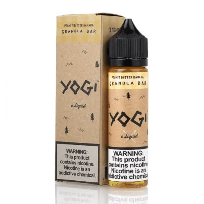 Bottle of Yogi e-liquid with peanut butter banana granola bar flavor, accompanied by its packaging box.