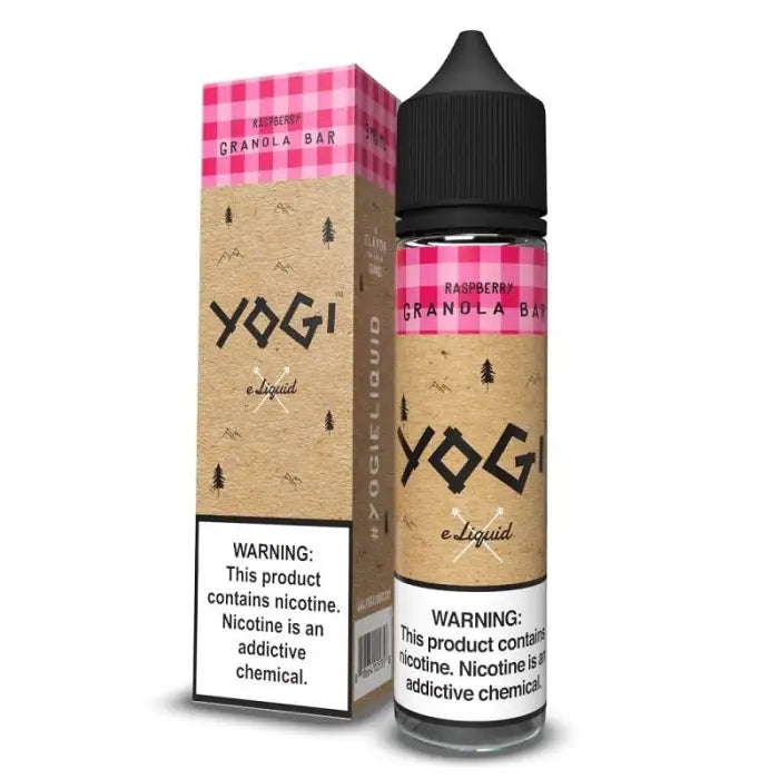 Bottle of Yogi e-liquid with pink and tan packaging and a nicotine warning label.