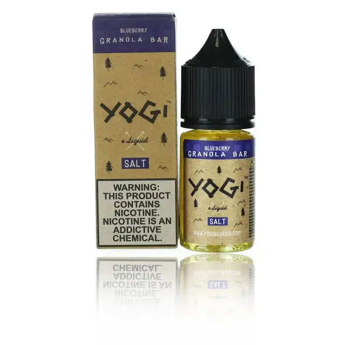 Bottle of Yogi brand blueberry granola bar flavored e-liquid with nicotine warning label.