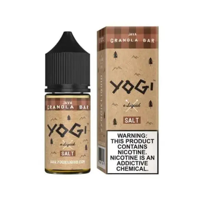 Bottle and packaging for Yogi brand Java Granola Bar flavored e-liquid with nicotine warning label.