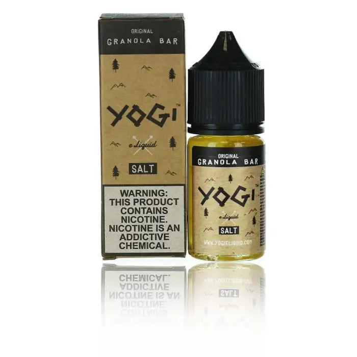 Bottle of Yogi Salt e-liquid with its packaging box.