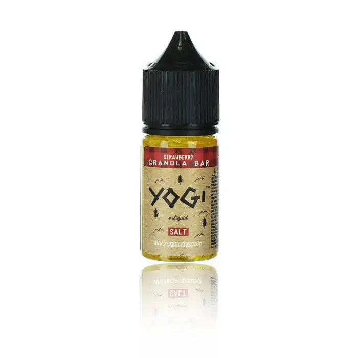 Bottle of Yogi e-liquid with ’Strawberry Granola Bar’ flavor.