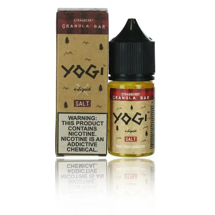 Bottle and packaging for Yogi brand strawberry granola bar flavored e-liquid containing nicotine.