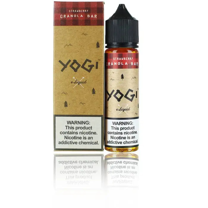 E-liquid bottle and packaging for a strawberry granola bar flavored vape product called ’Yogi’.