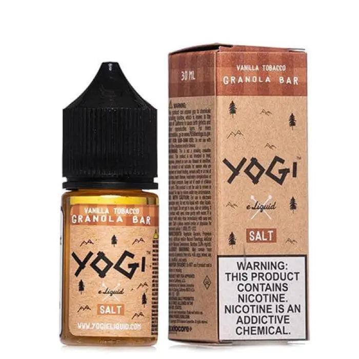 Bottle of Yogi e-liquid in Vanilla Tobacco Granola Bar flavor with its packaging box.