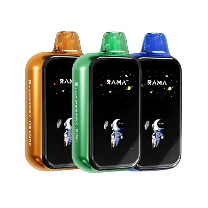 Three colorful electronic vaping devices with astronaut-themed displays.