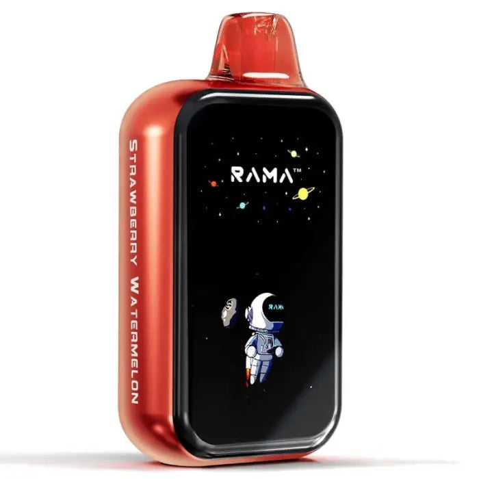 Red electronic vaping device with a screen displaying an astronaut in space.