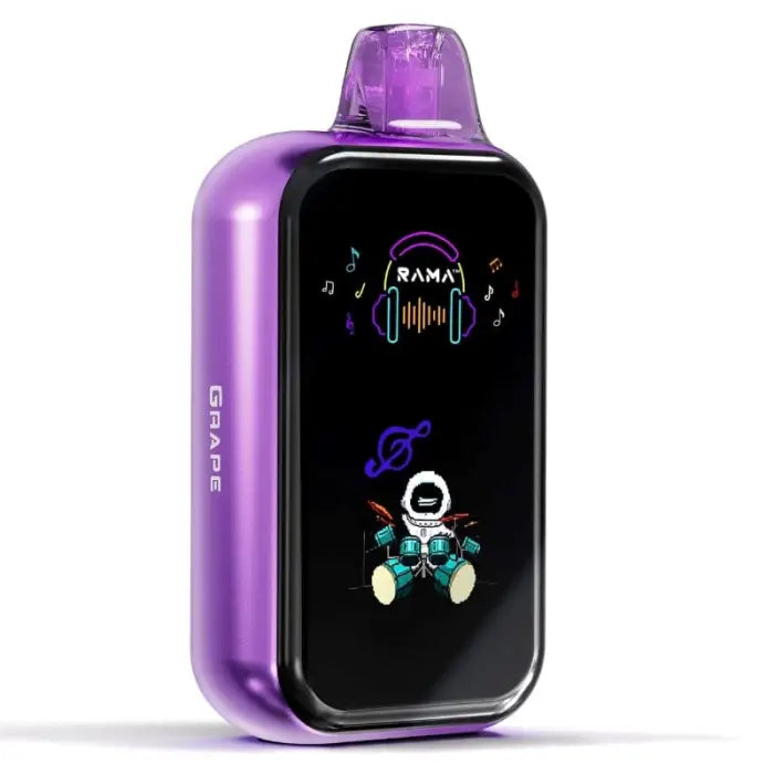 Purple electronic vaping device with a black screen displaying colorful icons.