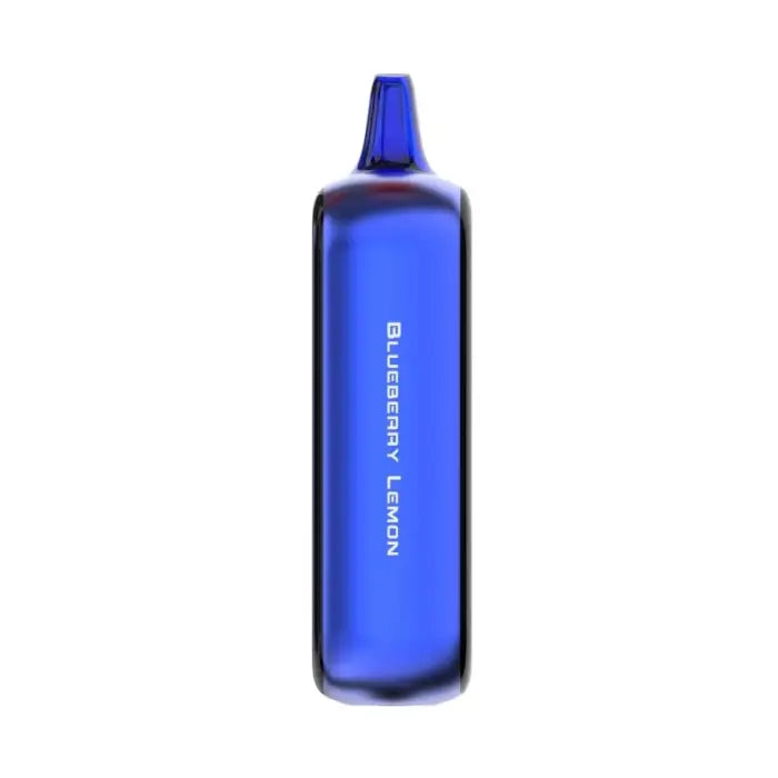 Cobalt blue glass bottle with vertical white text on its side.