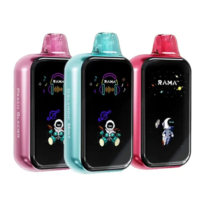 Three colorful electronic vaping devices with space-themed displays.