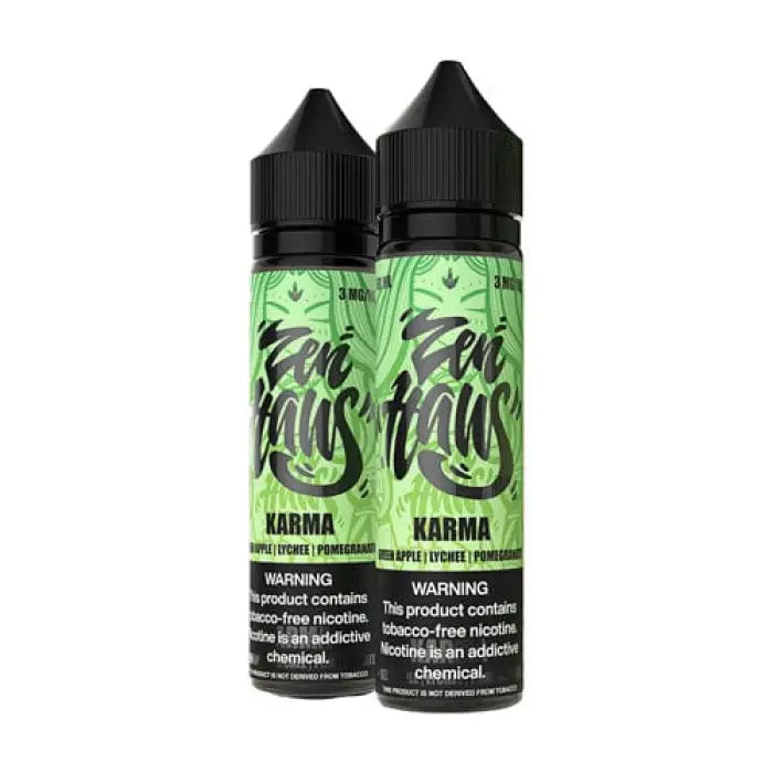 Two black bottles with green labels containing e-liquid named ’Karma’ by Zen Haus.