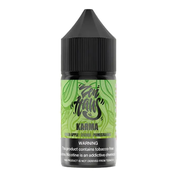 Bottle of e-liquid labeled ’Karma’ with green swirling patterns on the label.