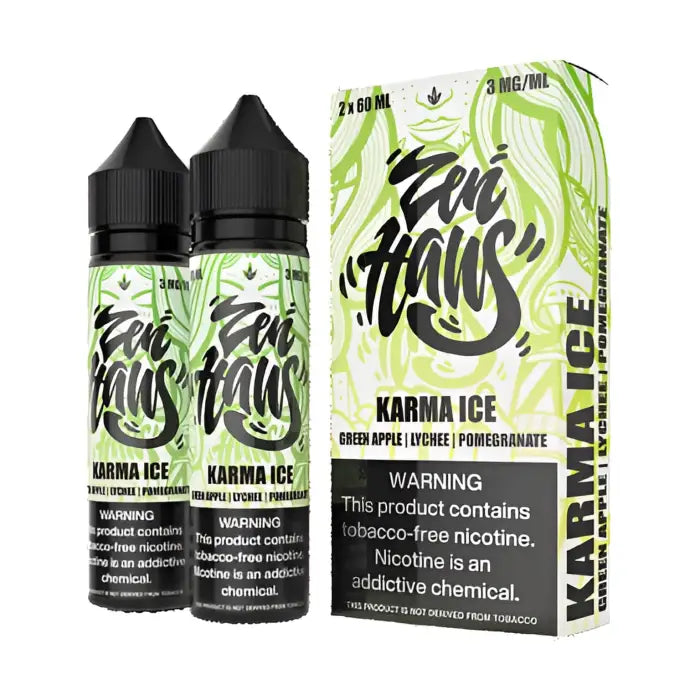 E-liquid bottles and packaging for ’Karma Ice’ vape juice by Zen Haus, featuring green and black design elements.