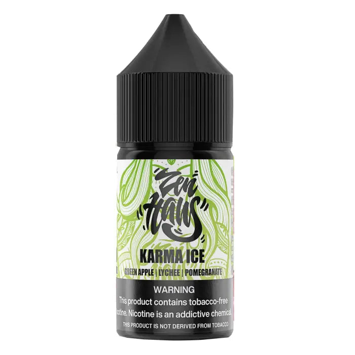 E-liquid bottle for vaping with a green and black label featuring the name ’Karma Ice’.