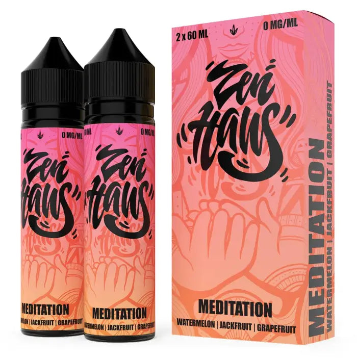 E-liquid bottles and packaging for a vape product called ’Zen Haus Meditation’ in pink and orange colors.