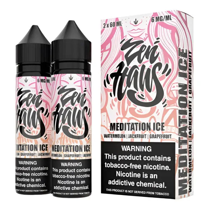 E-liquid bottles and packaging for a vape product called ’Zen Haus Meditation Ice’ with pink and black design elements.