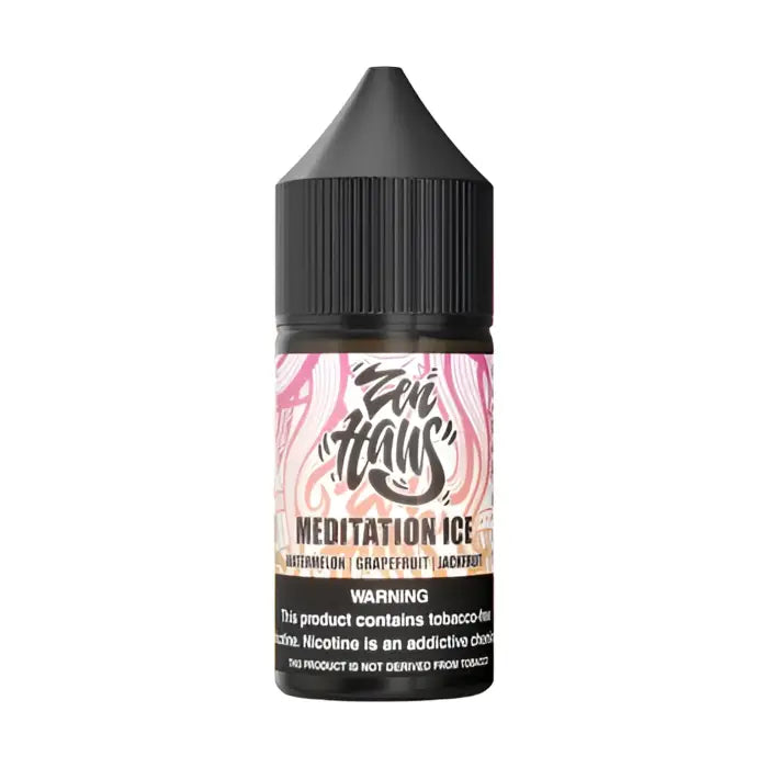 Bottle of ’Meditation Ice’ e-liquid for vaping with pink swirl design on the label.