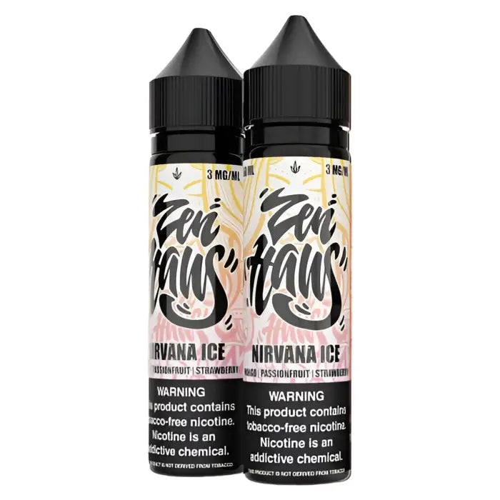 Two black bottles of ’Zen Haus Nirvana Ice’ e-liquid with colorful labels.