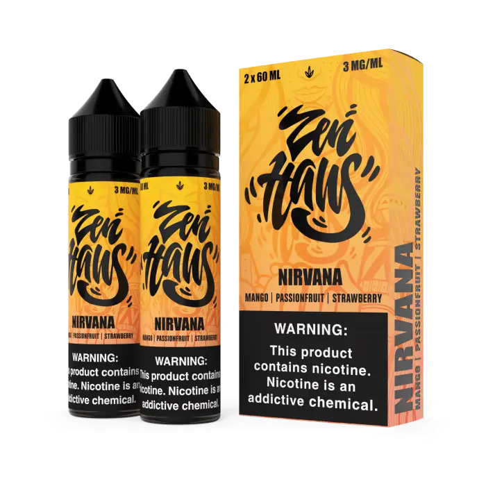 E-liquid or vape juice product called ’Zoi Haus’ in the Nirvana flavor, featuring two bottles and a packaging box.