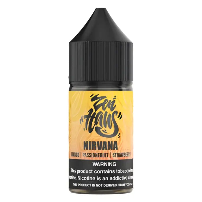 Black bottle with a yellow label containing e-liquid or vape juice called ’Nirvana’ from the Zen Haus brand.