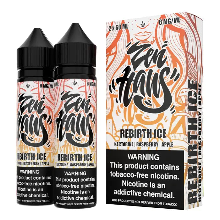 E-liquid bottles and packaging for a vape product called ’Zen Haus Rebirth Ice’ with fruit flavors.