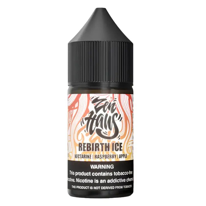 Bottle of ’Bad Habits’ e-liquid flavor called ’Rebirth Ice’ with a black cap and warning label.