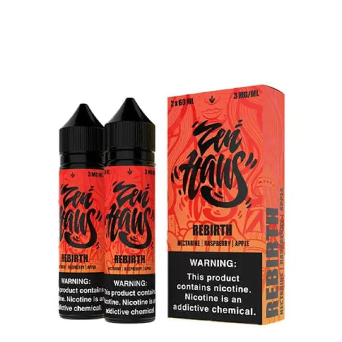 E-liquid bottles and packaging for a vape juice product called ’Fat Man Rebirth’ in red and black colors.