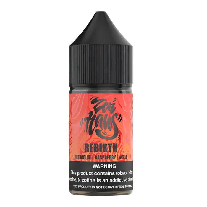 Bottle of e-liquid labeled ’Rebirth’ with a red and black color scheme.