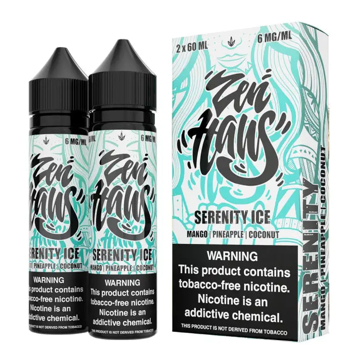 E-liquid bottles and packaging for a vape product called ’Zen Haus Serenity Ice’ with mango, pineapple, and coconut flavors.