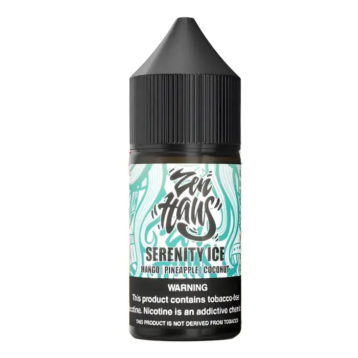 Bottle of e-liquid labeled ’Zen Hays Serenity Ice’ with a black cap and teal design elements.