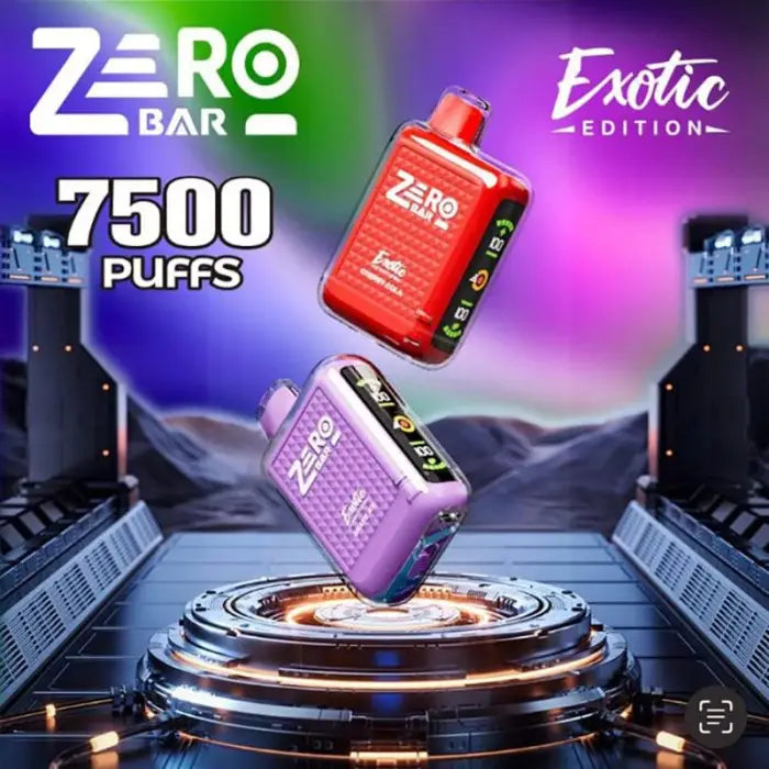 Disposable electronic cigarettes or vape devices in red and purple colors, advertised as ’Zero Bar’ with 7500 puffs.